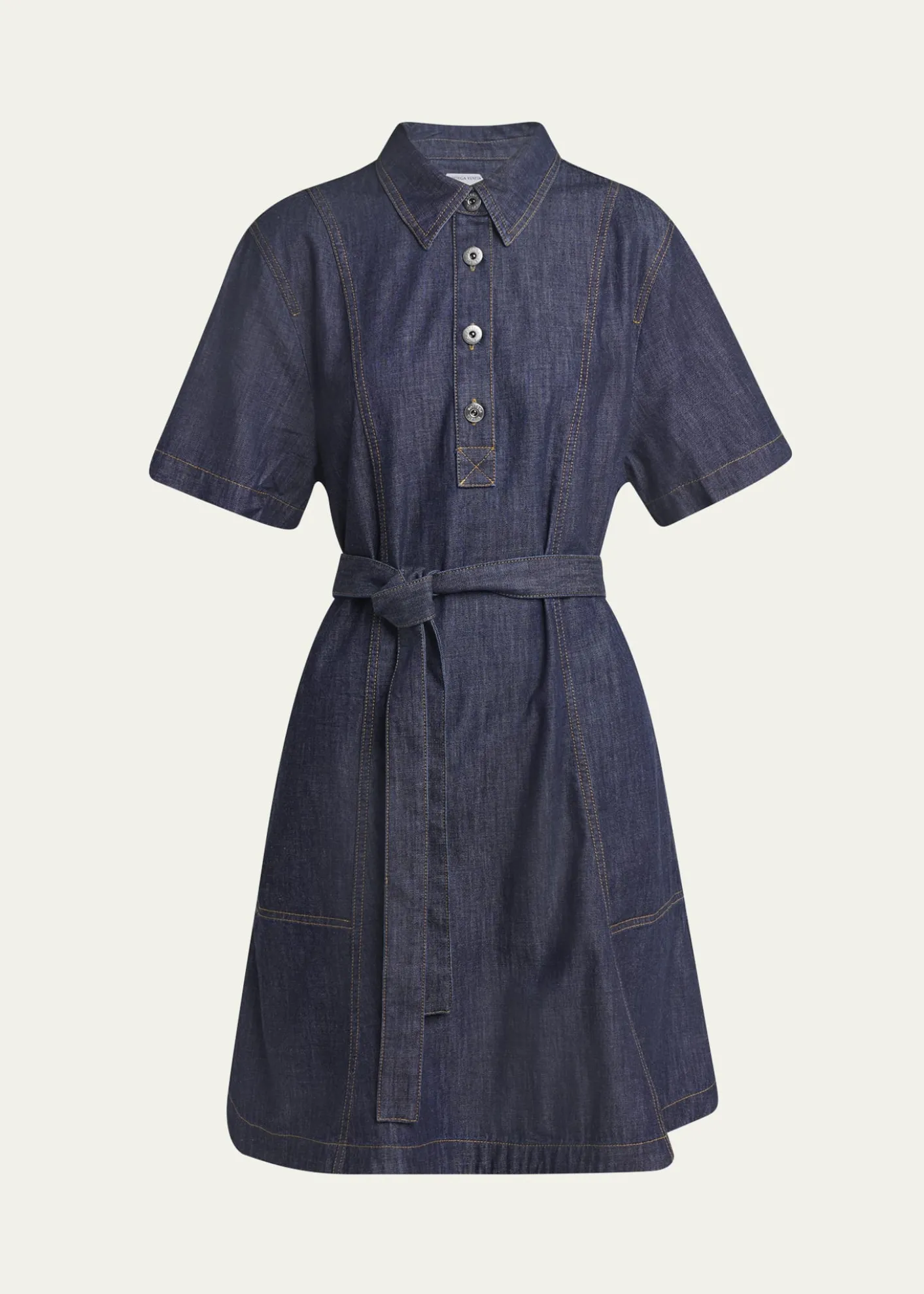 Bottega VenetaShort-Sleeve Belted Denim Shirtdress