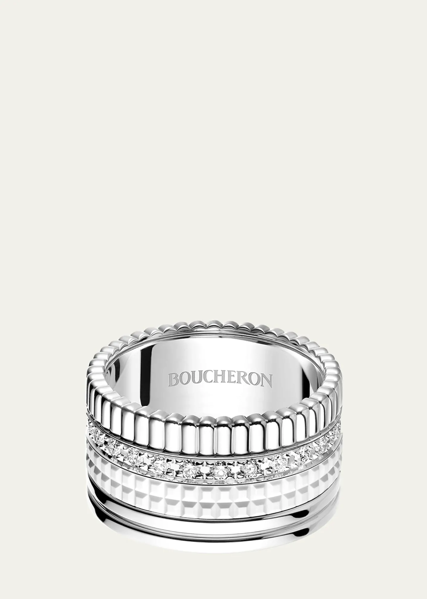 Boucheron18K White Gold Large Quatre Double Ring with White HyCeram and Diamonds
