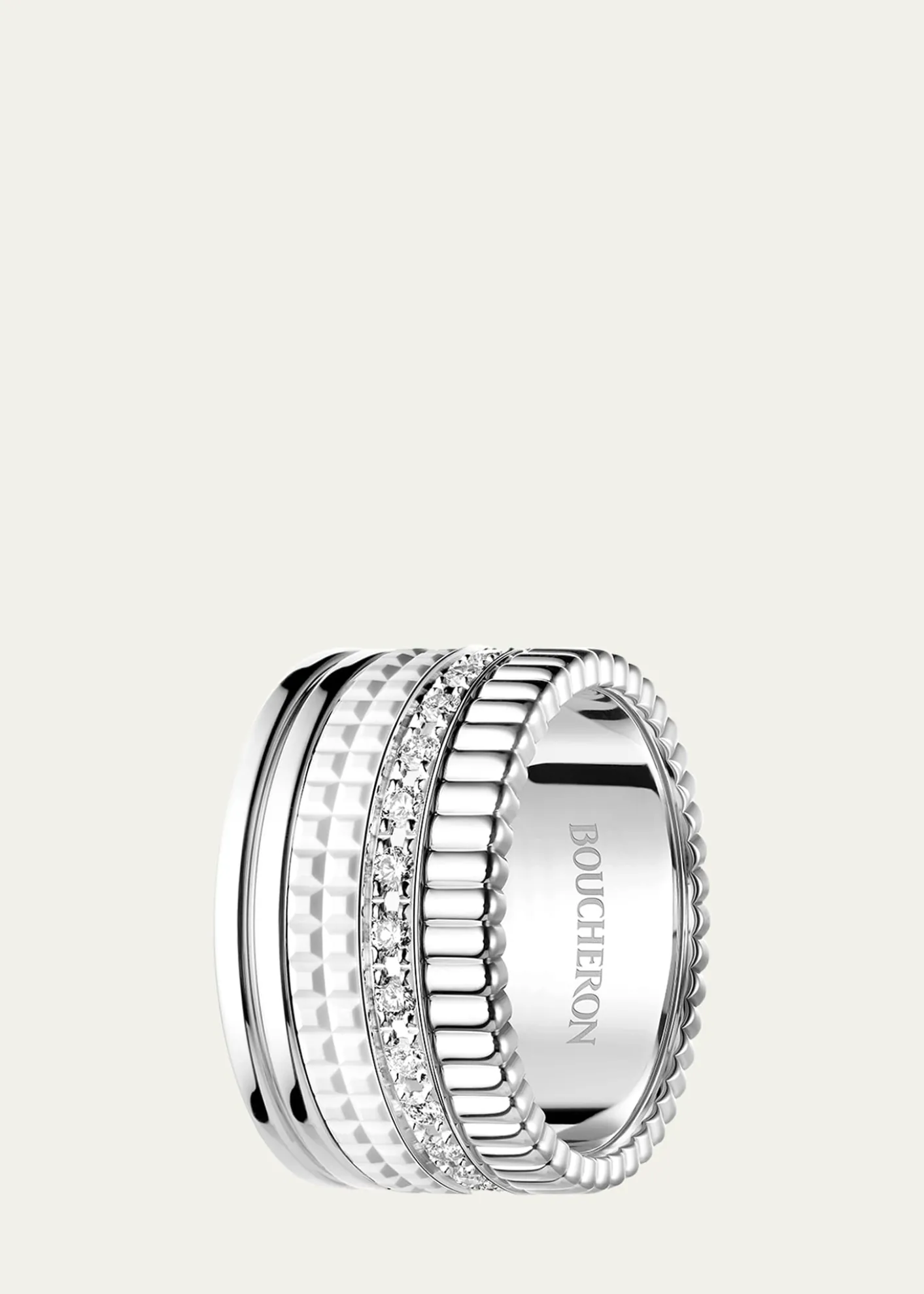 Boucheron18K White Gold Large Quatre Double Ring with White HyCeram and Diamonds