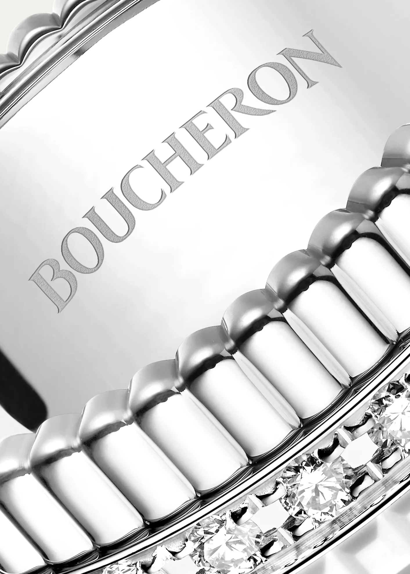 Boucheron18K White Gold Large Quatre Double Ring with White HyCeram and Diamonds