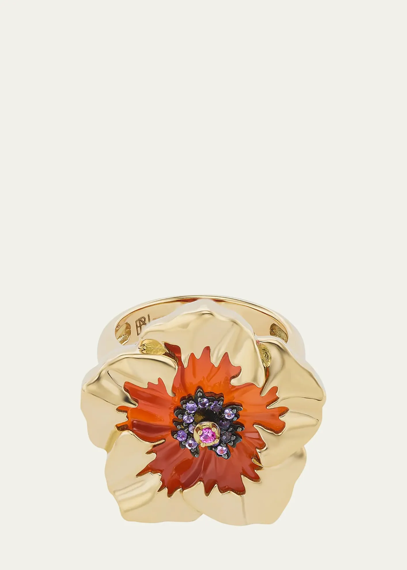 Brent Neale18K Yellow Gold Carnelian Hibiscus Ring with Sapphire and Amethyst