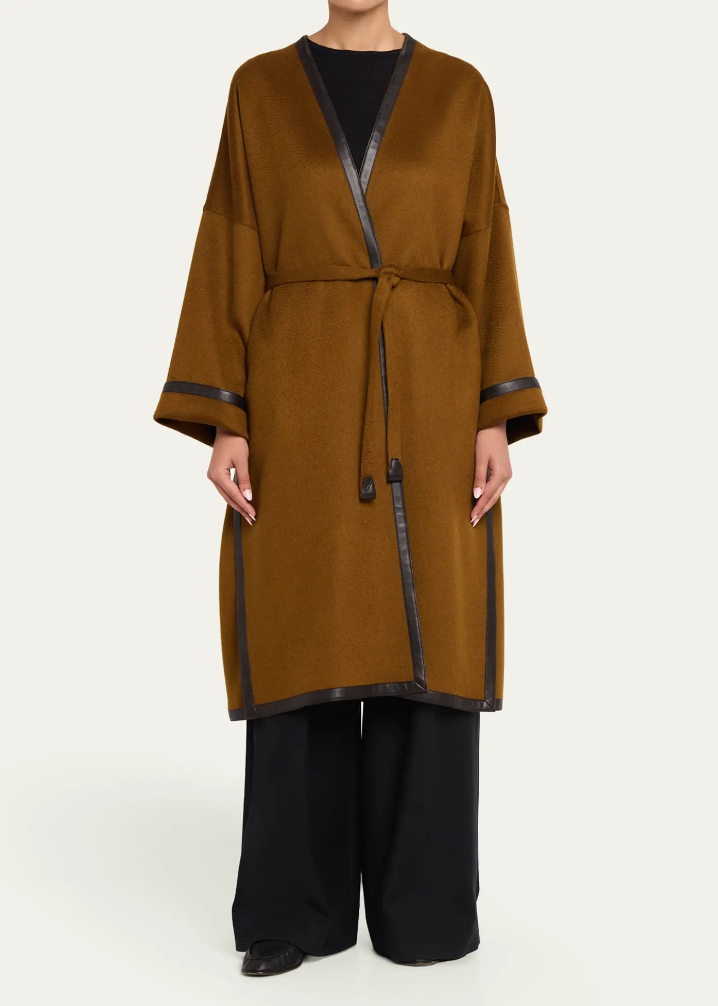BrioniLeather-Trim Cashmere Oversized Wrap Coat
