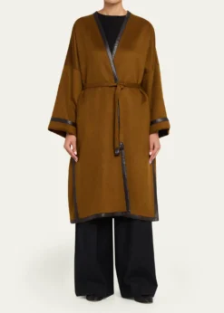 BrioniLeather-Trim Cashmere Oversized Wrap Coat
