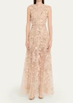 Bronx BancoArielle Floral Embroidered Sleeveless Gown