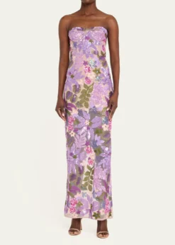 Bronx BancoDahlia Strapless Floral-Embroidered Sequin Gown