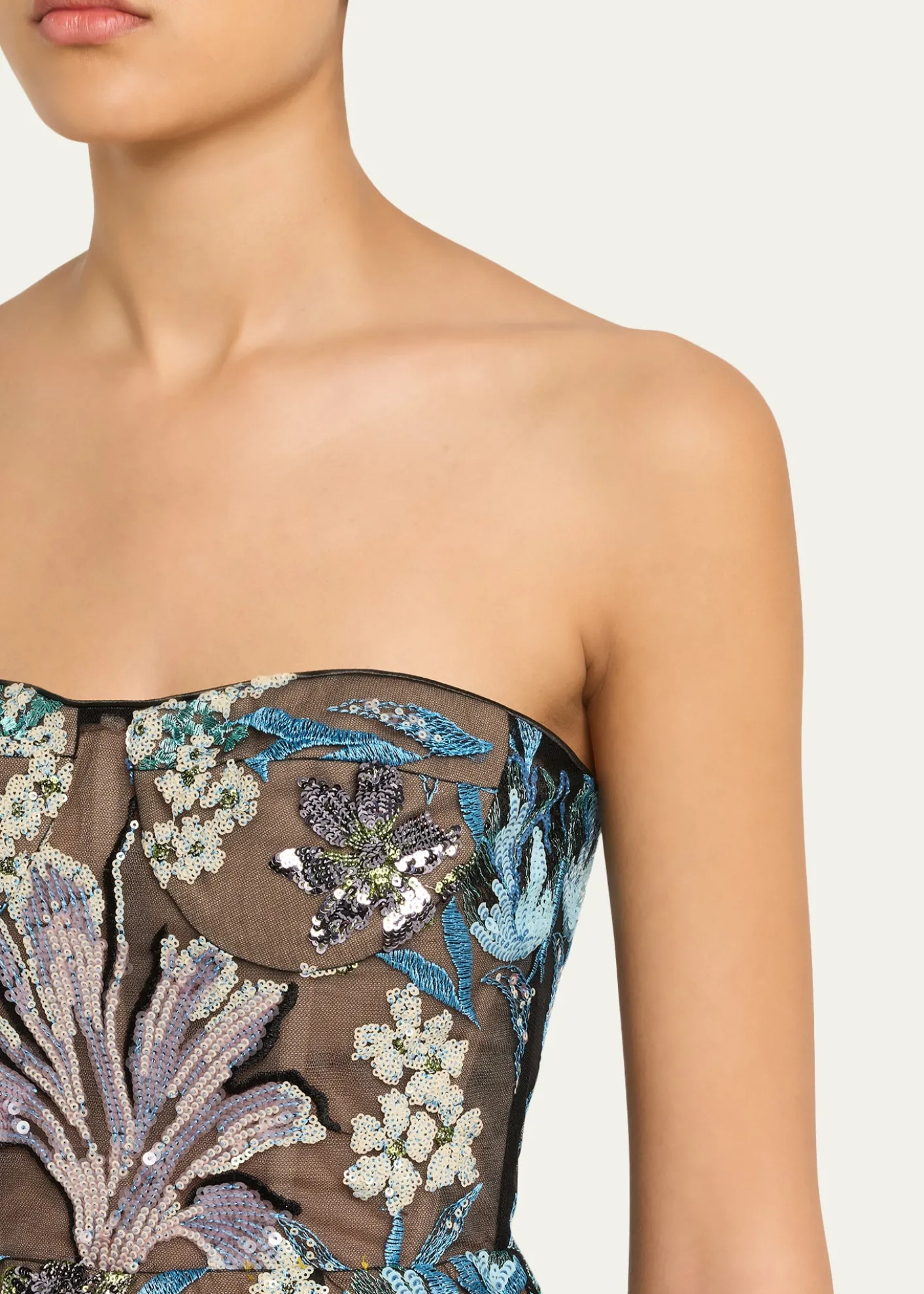 Bronx BancoDahlia Strapless Sequined Floral Tulle Gown