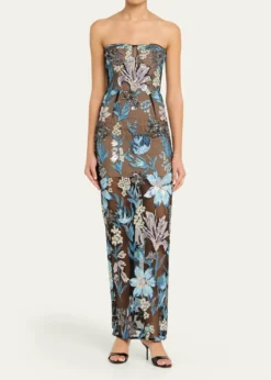 Bronx BancoDahlia Strapless Sequined Floral Tulle Gown