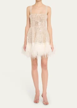 Bronx BancoMademoiselle Beaded Feather-Trim Mini Dress