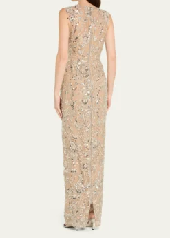 Bronx BancoViolet Bead & Sequin Floral-Embroidered Gown