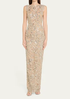 Bronx BancoViolet Bead & Sequin Floral-Embroidered Gown