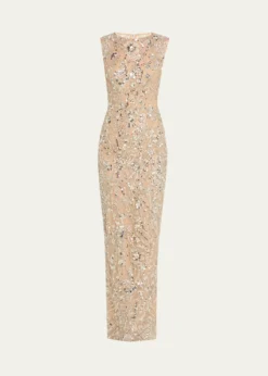 Bronx BancoViolet Bead & Sequin Floral-Embroidered Gown