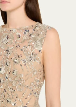 Bronx BancoViolet Bead & Sequin Floral-Embroidered Gown