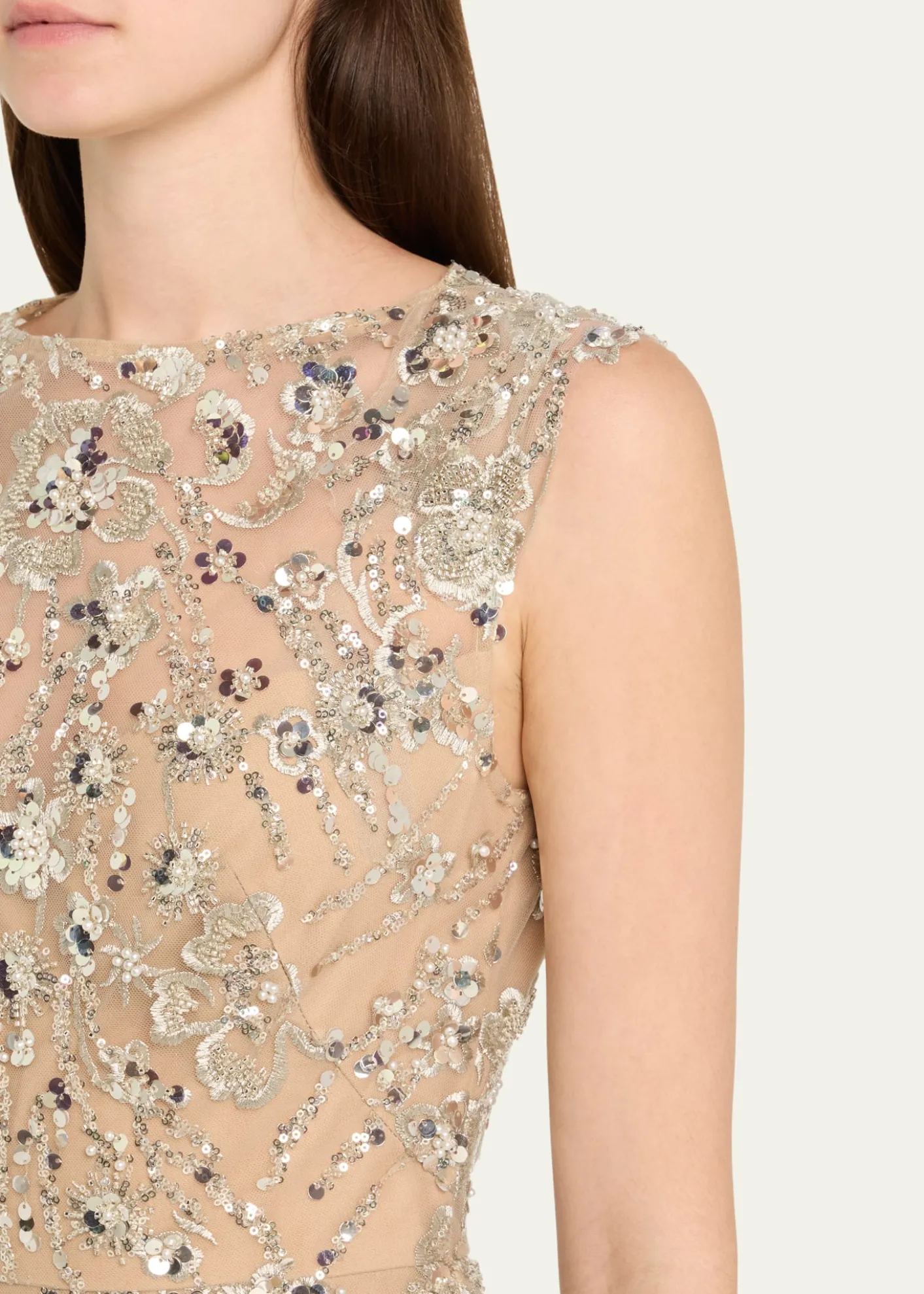 Bronx BancoViolet Bead & Sequin Floral-Embroidered Gown