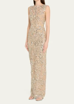 Bronx BancoViolet Bead & Sequin Floral-Embroidered Gown
