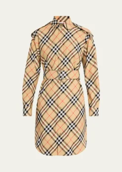 BurberryCheck Belted Long-Sleeve Shirtdress