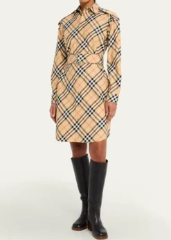 BurberryCheck Belted Long-Sleeve Shirtdress