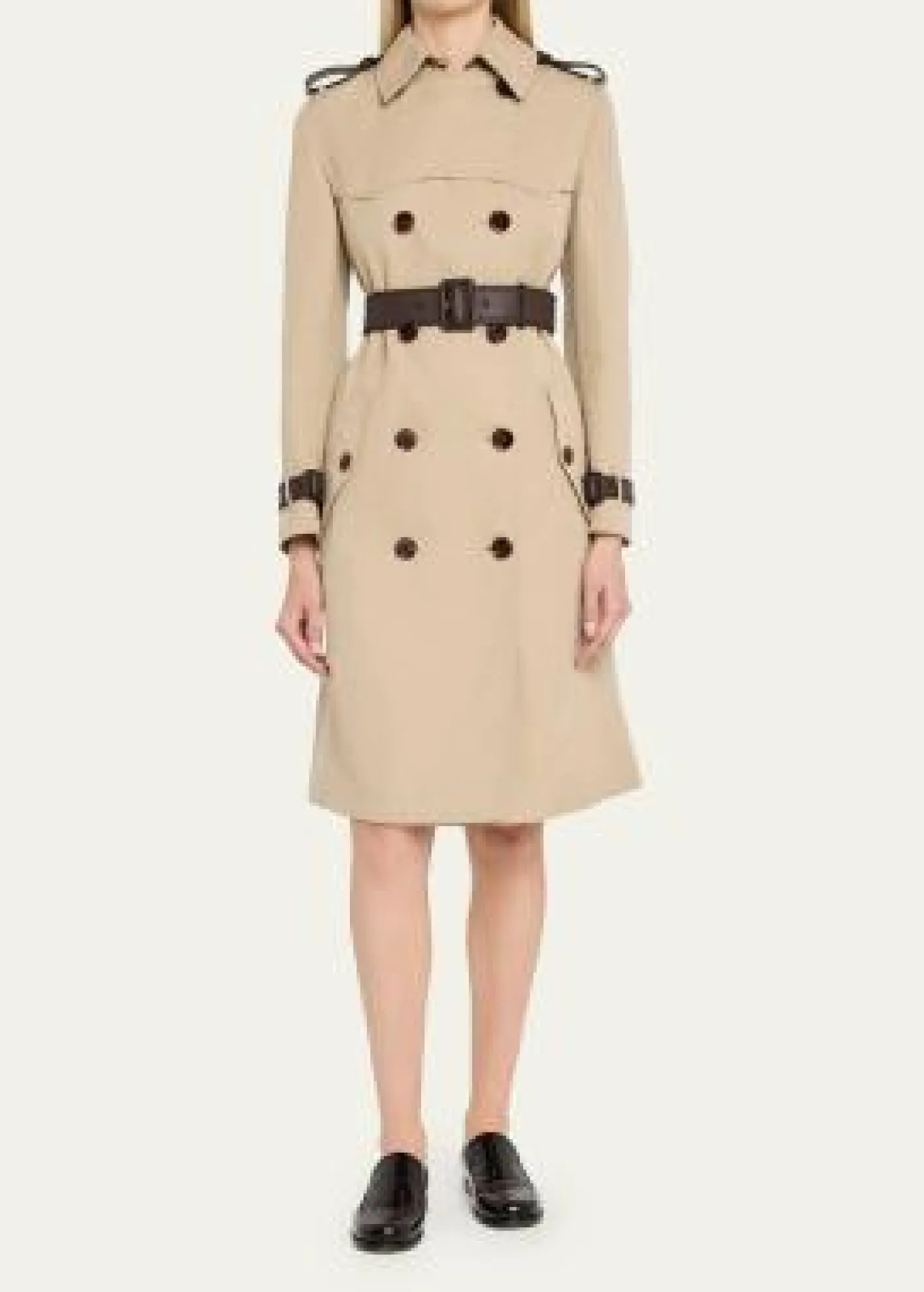 BurberryFoxfield Leather-Trim Double-Breasted Trench Coat