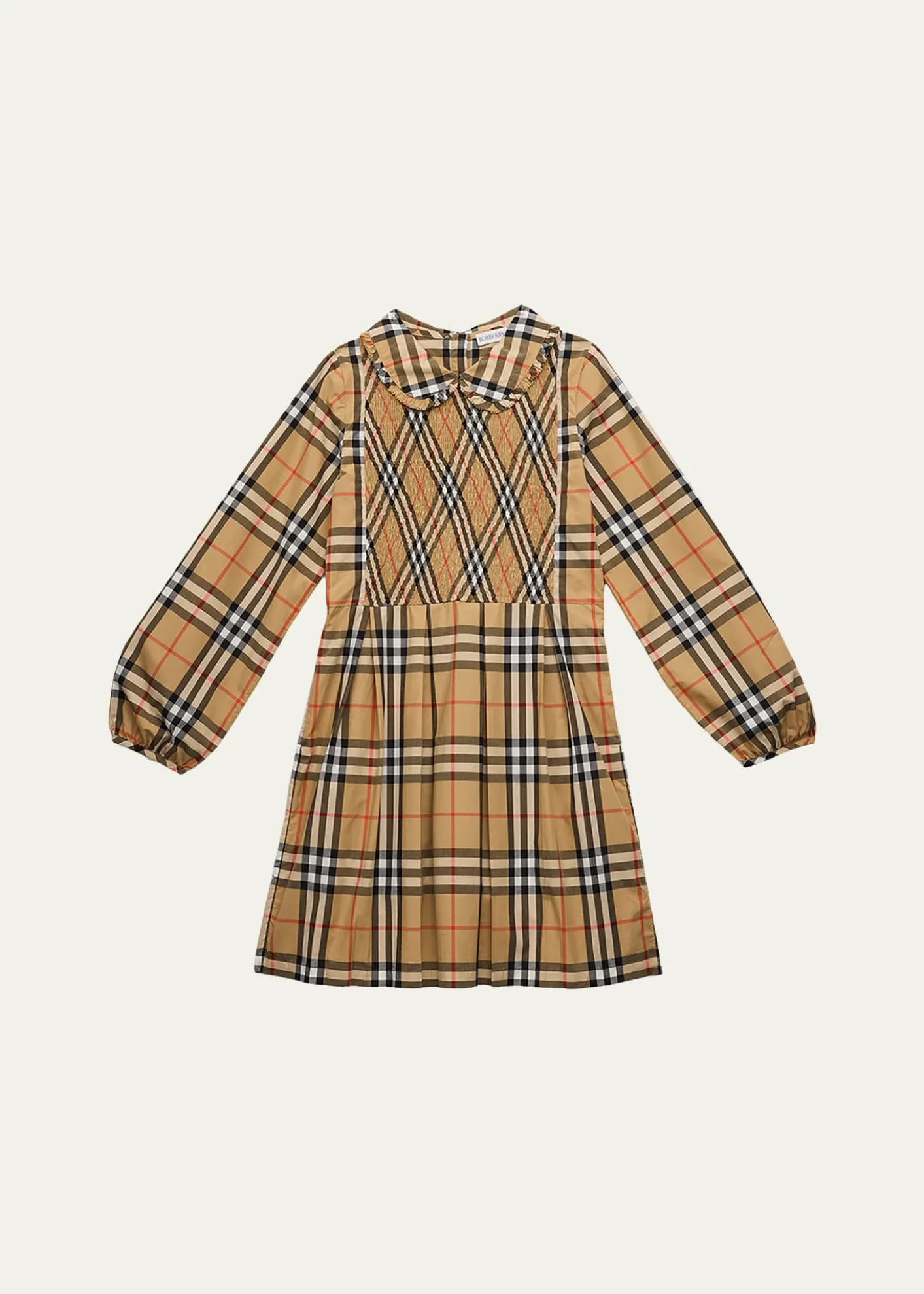 BurberryGirl's Ida Long-Sleeve Smocked Check Dress, Size 3-14