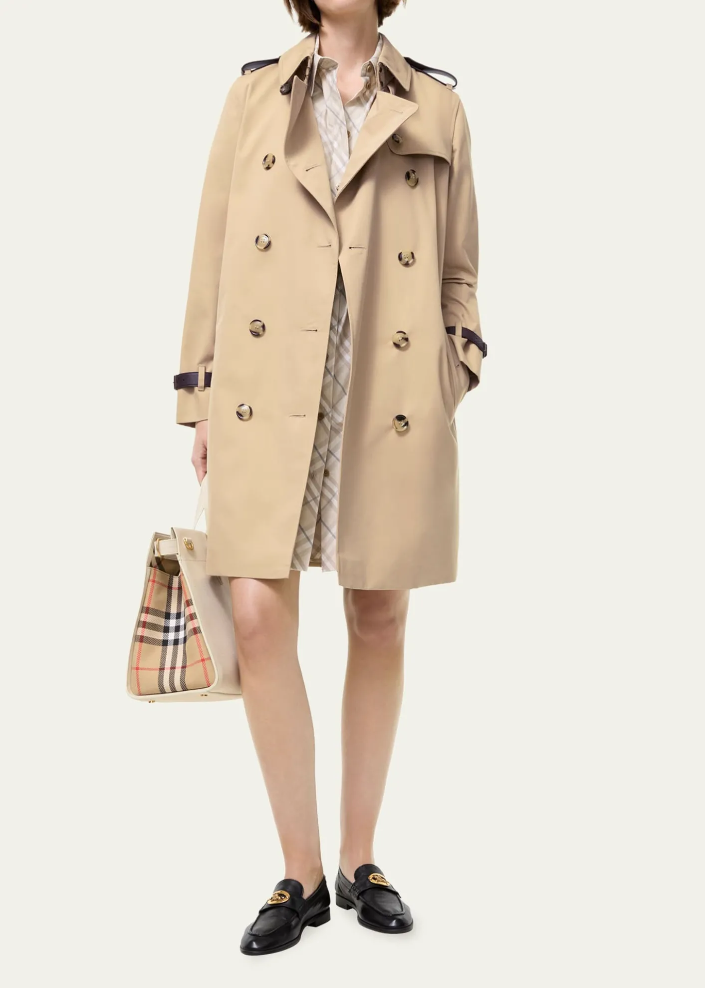 BurberryKensington Leather-Trim Double-Breasted Trench Coat