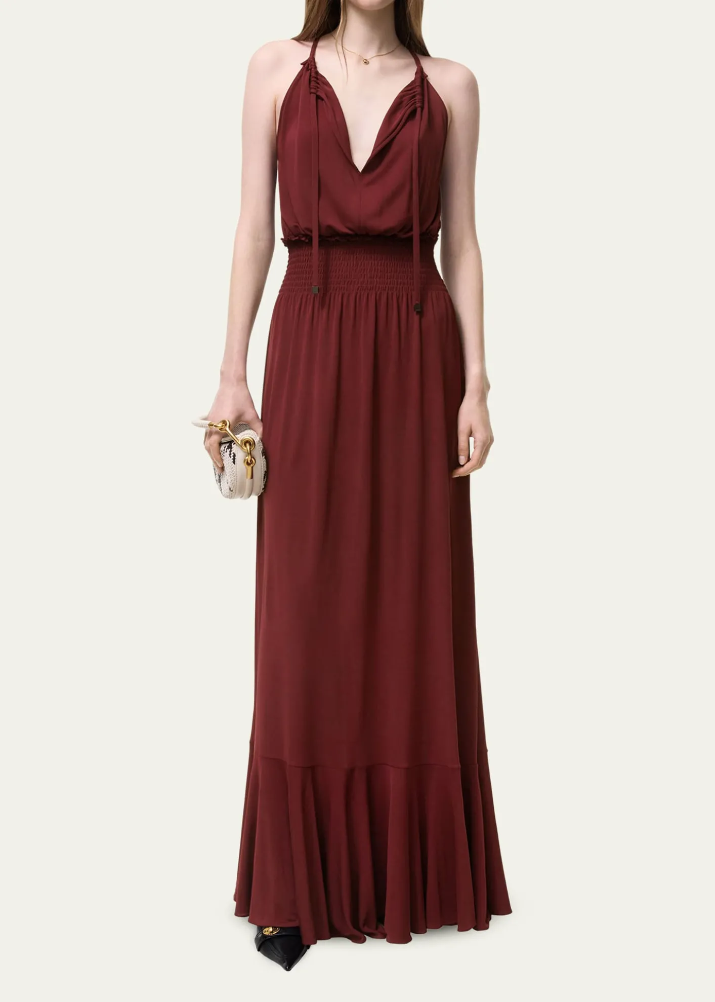 BurberryLeona Smocked Drawstring Halter Maxi Dress