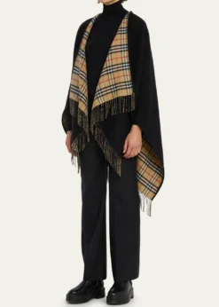 BurberryVintage-Style Check Fringed Wool Cape