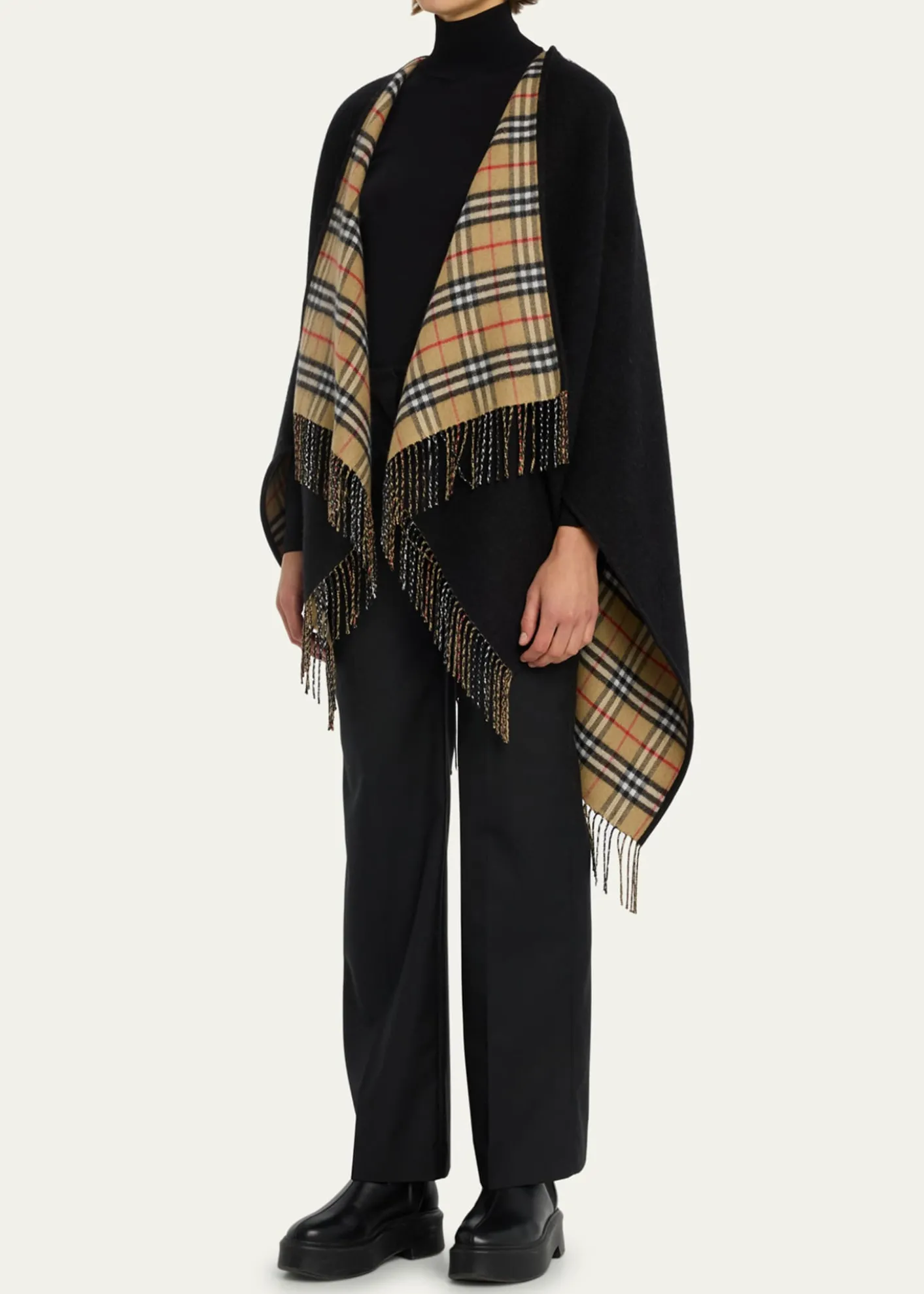BurberryVintage-Style Check Fringed Wool Cape