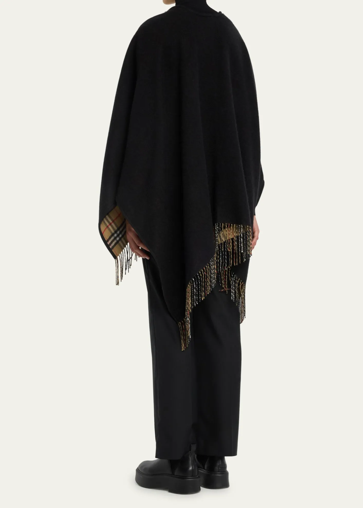 BurberryVintage-Style Check Fringed Wool Cape