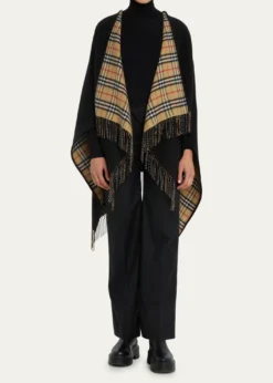 BurberryVintage-Style Check Fringed Wool Cape