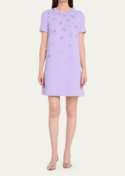 Carolina HerreraCarnation Embroidered Short-Sleeve Mini Dress