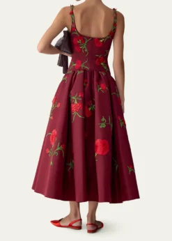 Carolina HerreraCarnation Embroidered Drop-Waist Tea-Length Dress