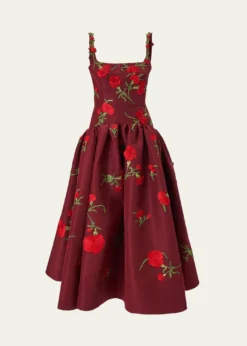 Carolina HerreraCarnation Embroidered Drop-Waist Tea-Length Dress