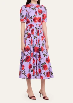 Carolina HerreraCarnation-Print Short-Sleeve Pleated Midi Shirtdress