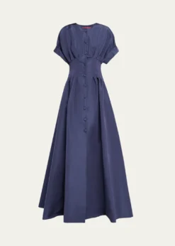 Carolina HerreraCorset-Waist Short-Sleeve Button-Front Gown