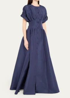 Carolina HerreraCorset-Waist Short-Sleeve Button-Front Gown