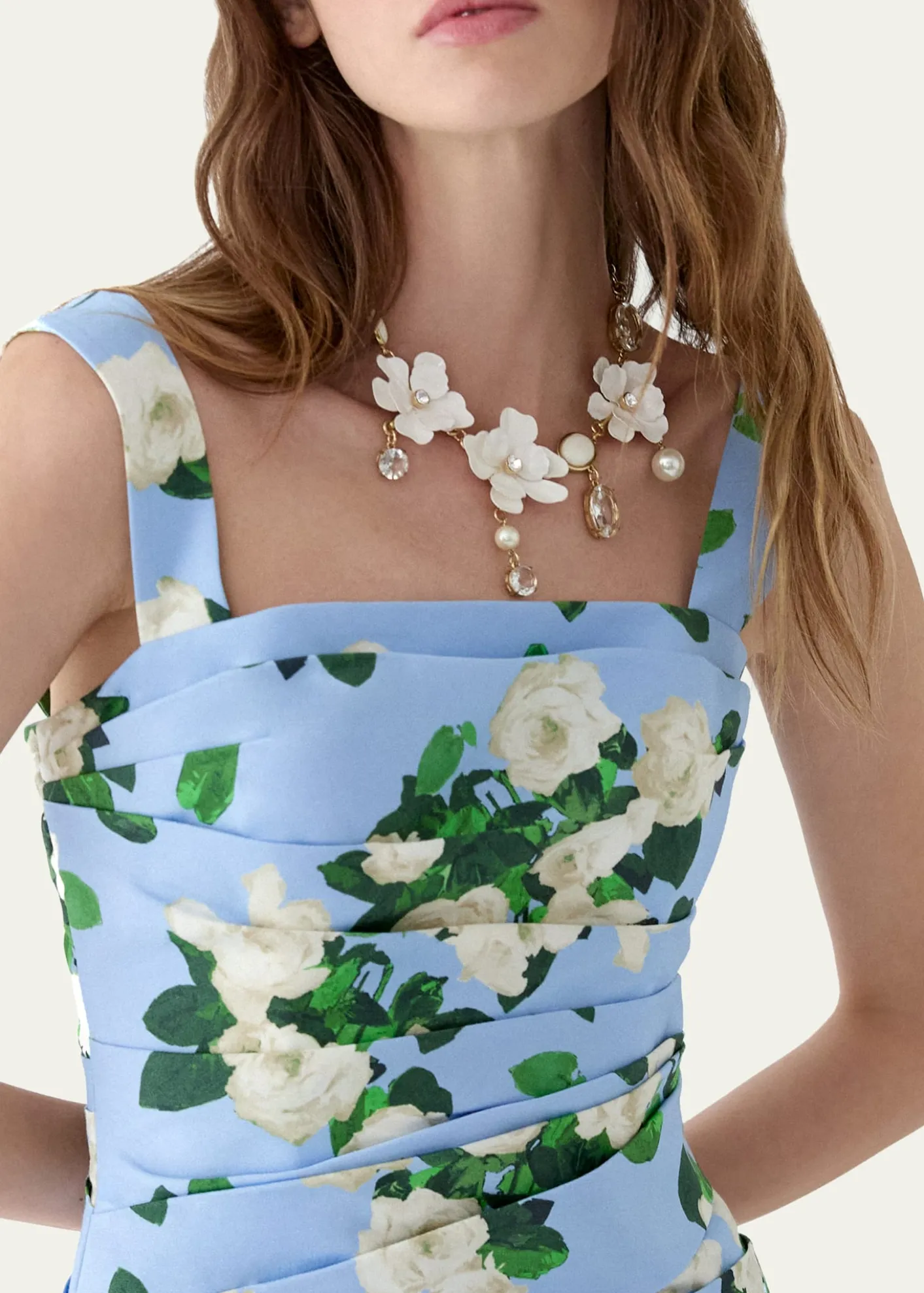 Carolina HerreraDraped Floral Cotton Sleeveless Midi Dress
