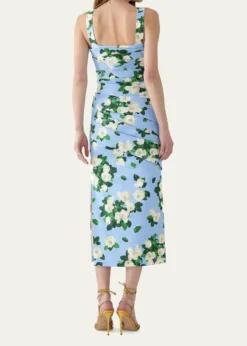 Carolina HerreraDraped Floral Cotton Sleeveless Midi Dress