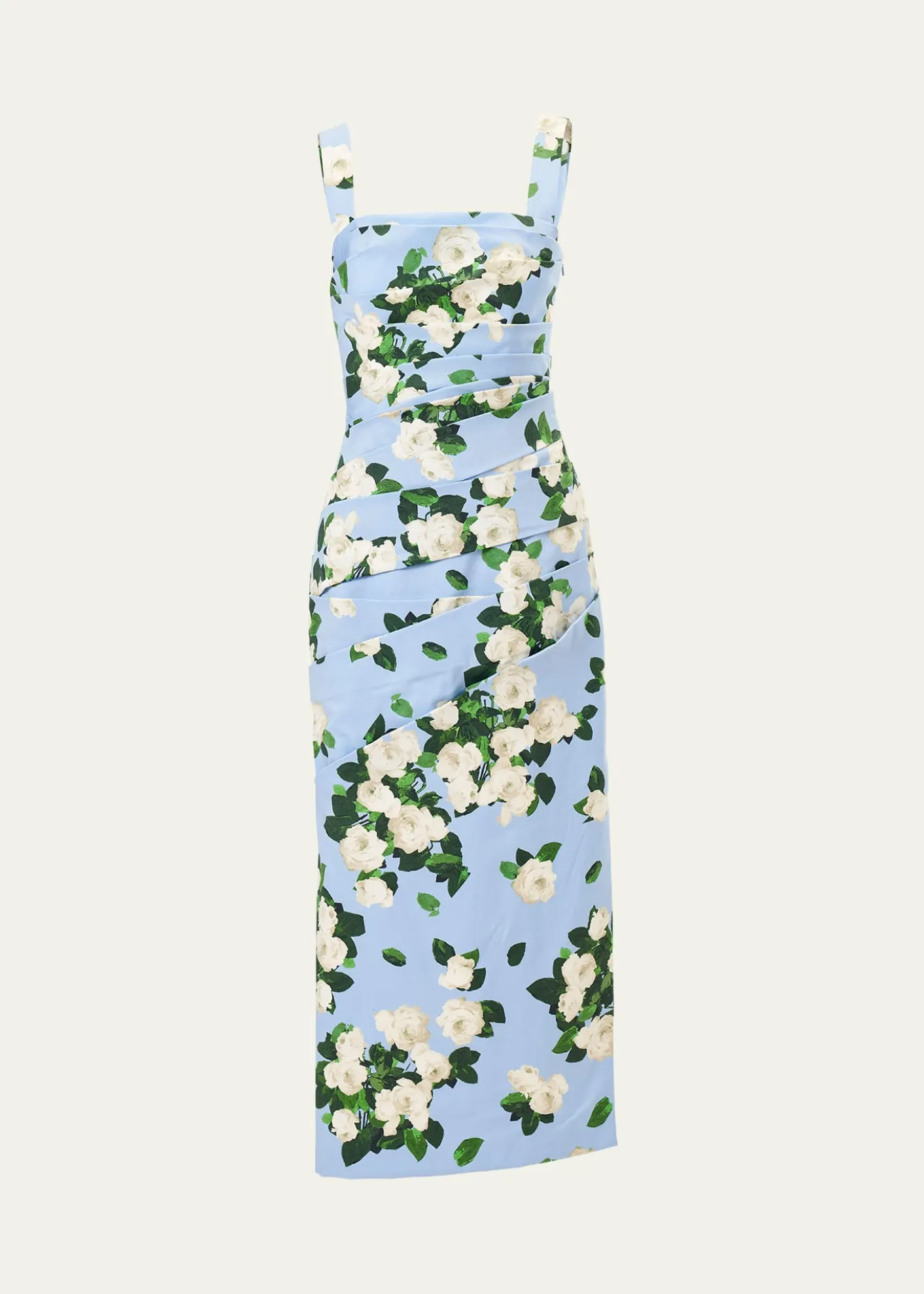 Carolina HerreraDraped Floral Cotton Sleeveless Midi Dress