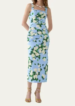 Carolina HerreraDraped Floral Cotton Sleeveless Midi Dress