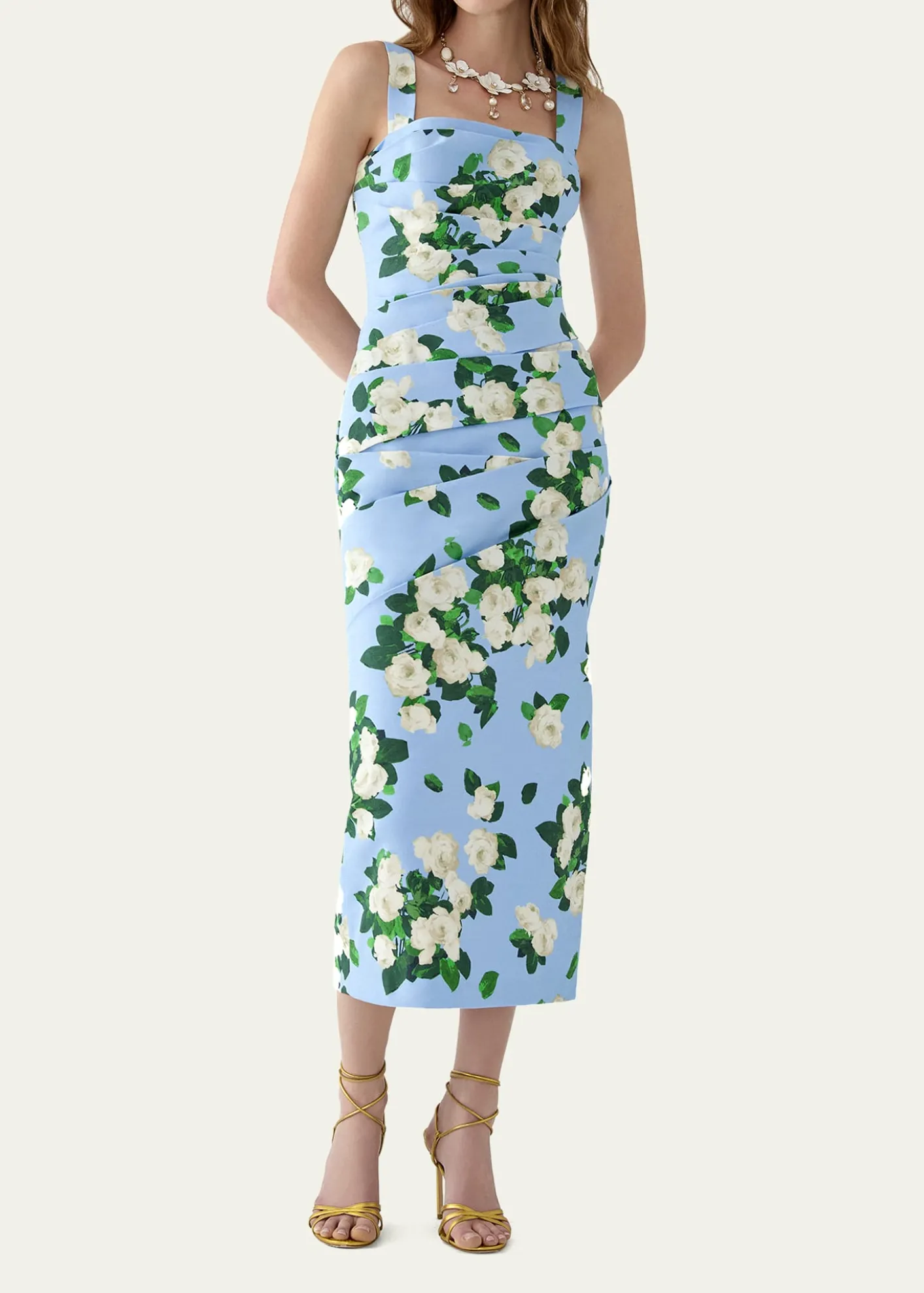 Carolina HerreraDraped Floral Cotton Sleeveless Midi Dress