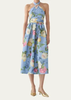 Carolina HerreraFloral Crisscross Halter Midi Dress