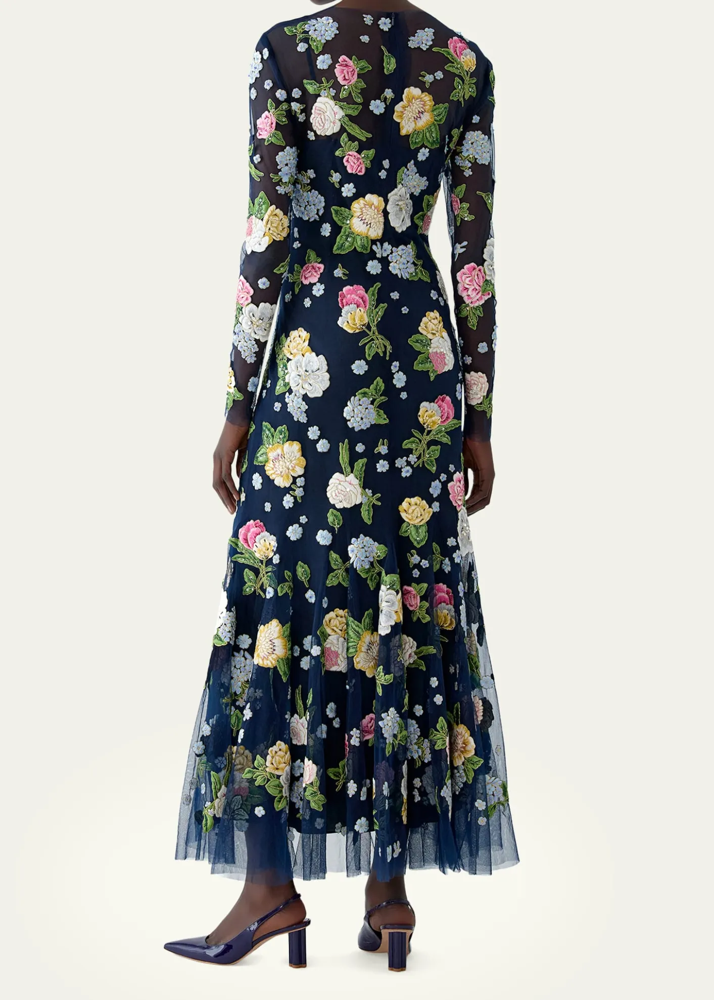 Carolina HerreraFloral Embroidered Tulle Long-Sleeve Midi Dress