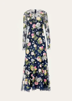 Carolina HerreraFloral Embroidered Tulle Long-Sleeve Midi Dress