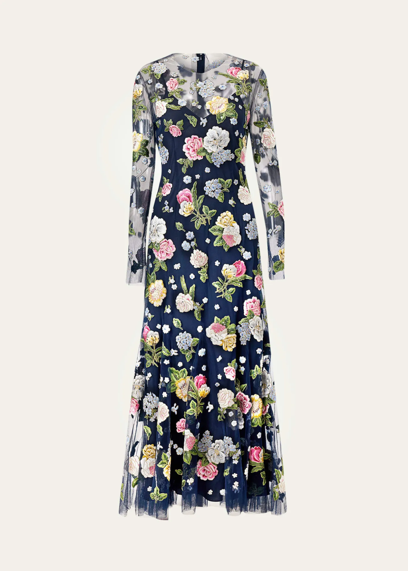 Carolina HerreraFloral Embroidered Tulle Long-Sleeve Midi Dress