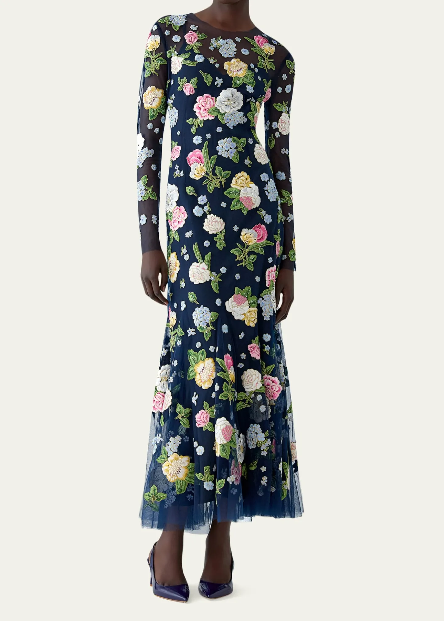 Carolina HerreraFloral Embroidered Tulle Long-Sleeve Midi Dress