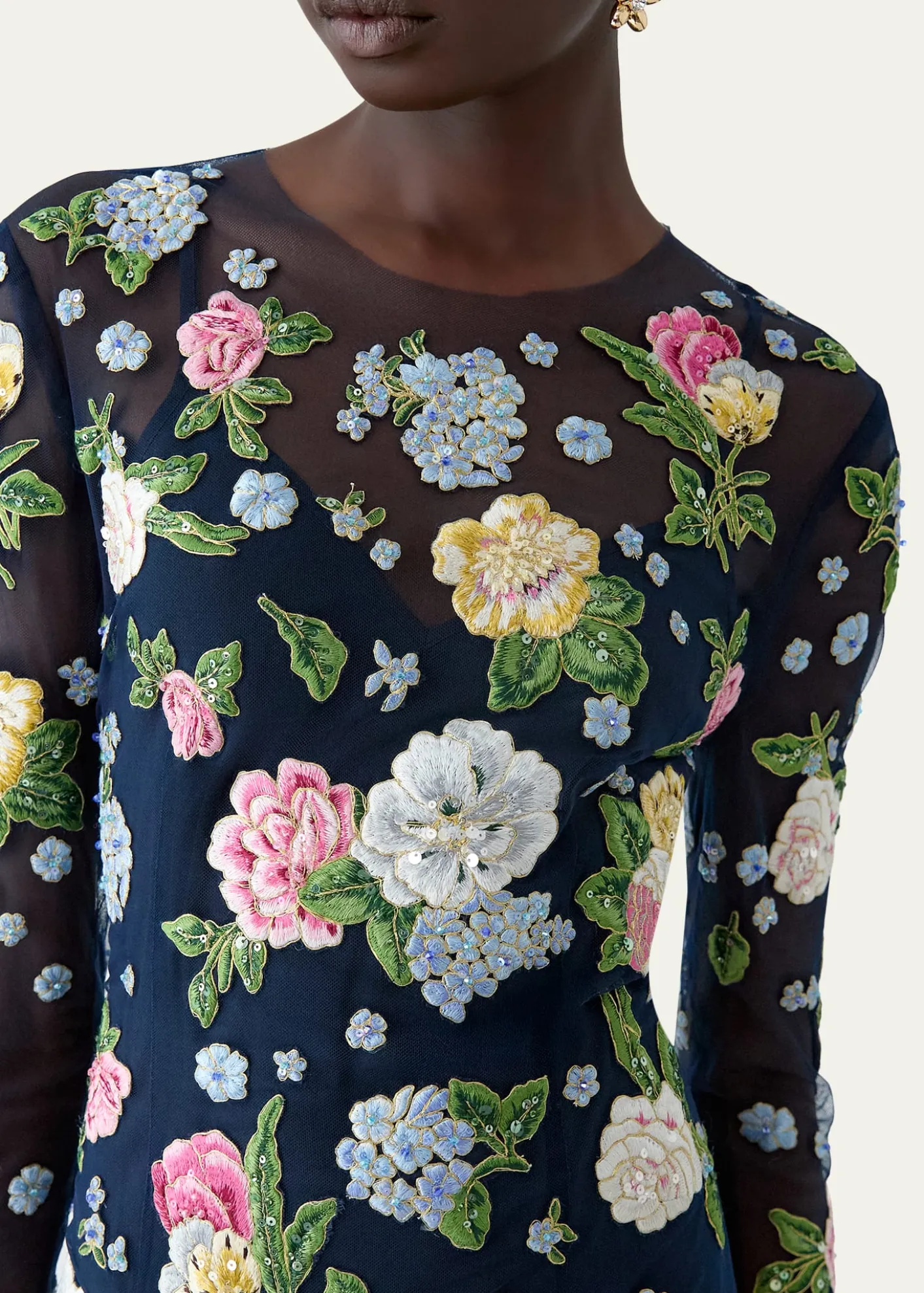 Carolina HerreraFloral Embroidered Tulle Long-Sleeve Midi Dress