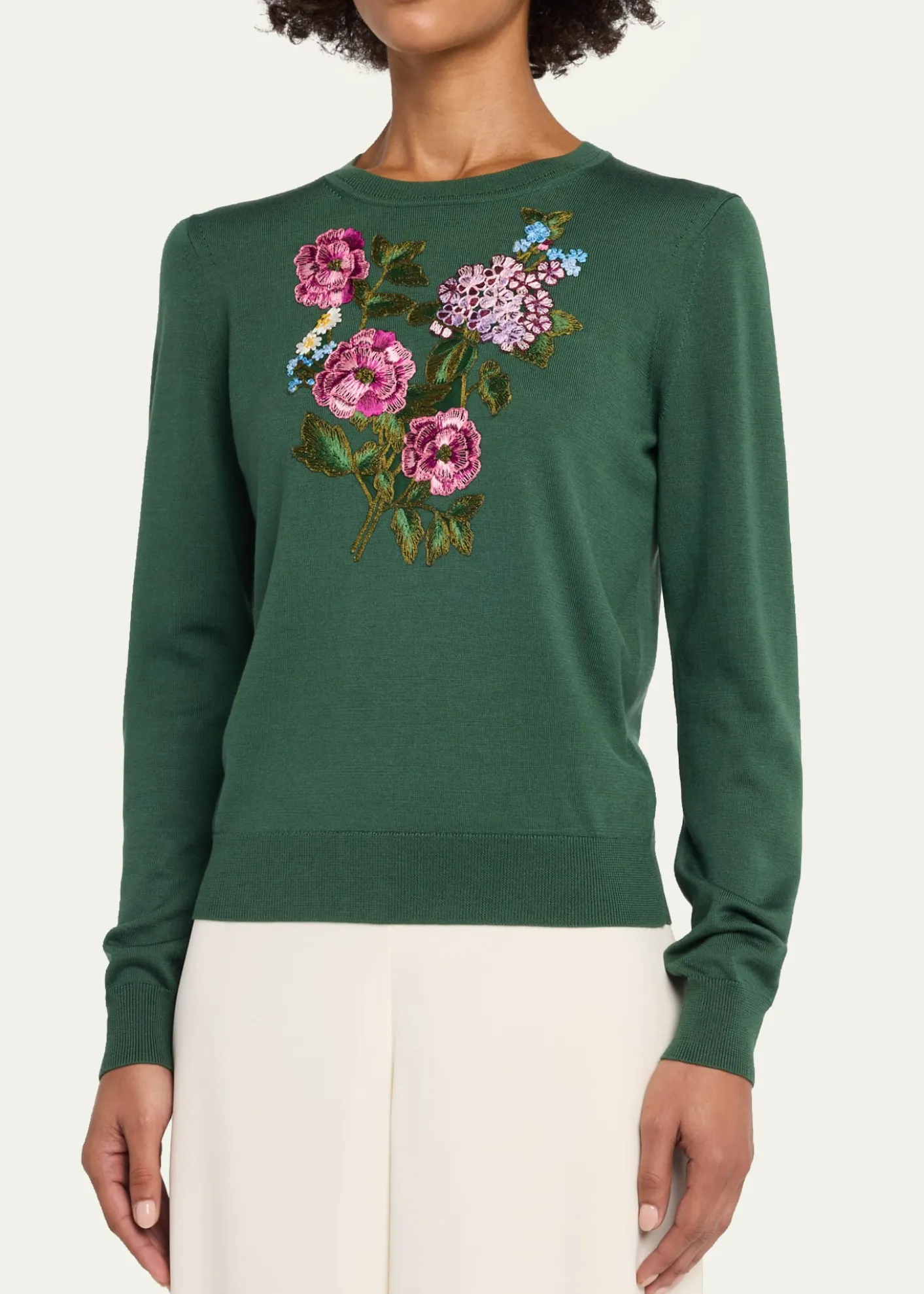 Carolina HerreraFloral Embroidered Silk-Cotton Crewneck Sweater