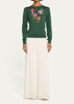 Carolina HerreraFloral Embroidered Silk-Cotton Crewneck Sweater