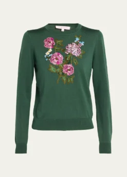 Carolina HerreraFloral Embroidered Silk-Cotton Crewneck Sweater