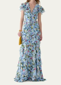 Carolina HerreraFloral Ruffle Chiffon Short-Sleeve Maxi Dress