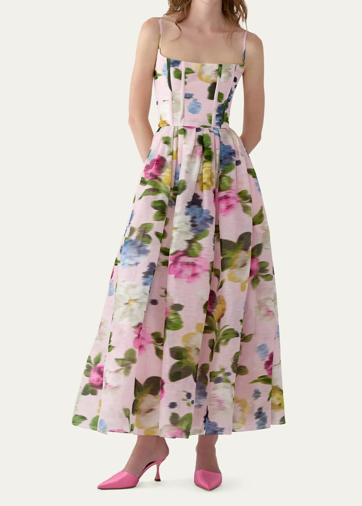 Carolina HerreraFloral Silk Faille Sleeveless Corset Midi Dress